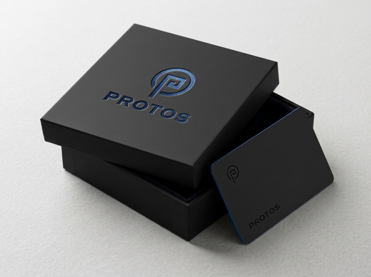 Protos card beside its black presentation box