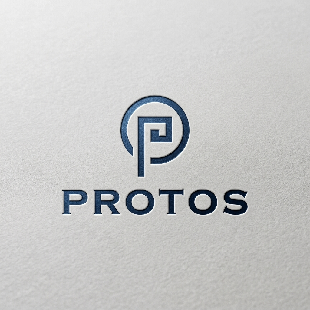 The embossed Protos symbol and wordmark